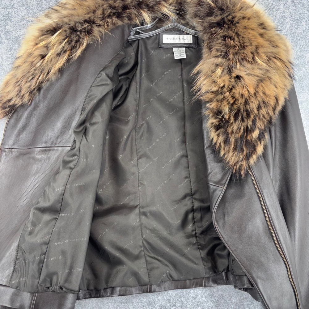 Preston & York Brown Lambskin Leather Jacket Genuine Raccoon Fur Collar Medium - Picture 8 of 11